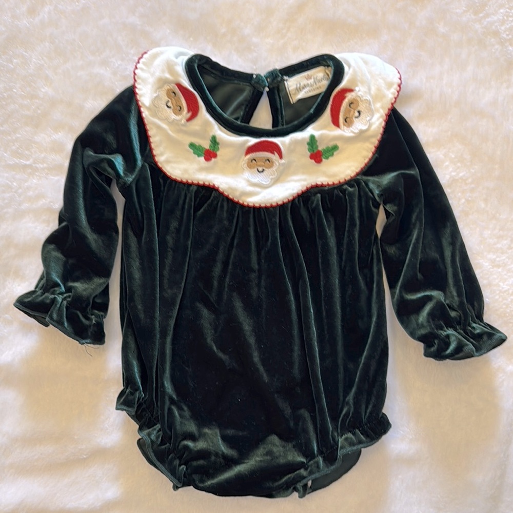 Green Velvet Baby Romper with Santa Collar